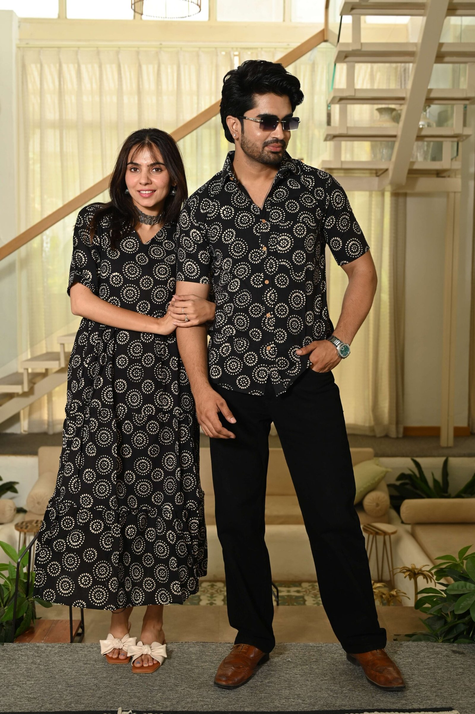 Couple Matching Black floral Printed Cotton Anarkali Midi Dress & Shirt Set ? Summer Casual Wear - Image 3